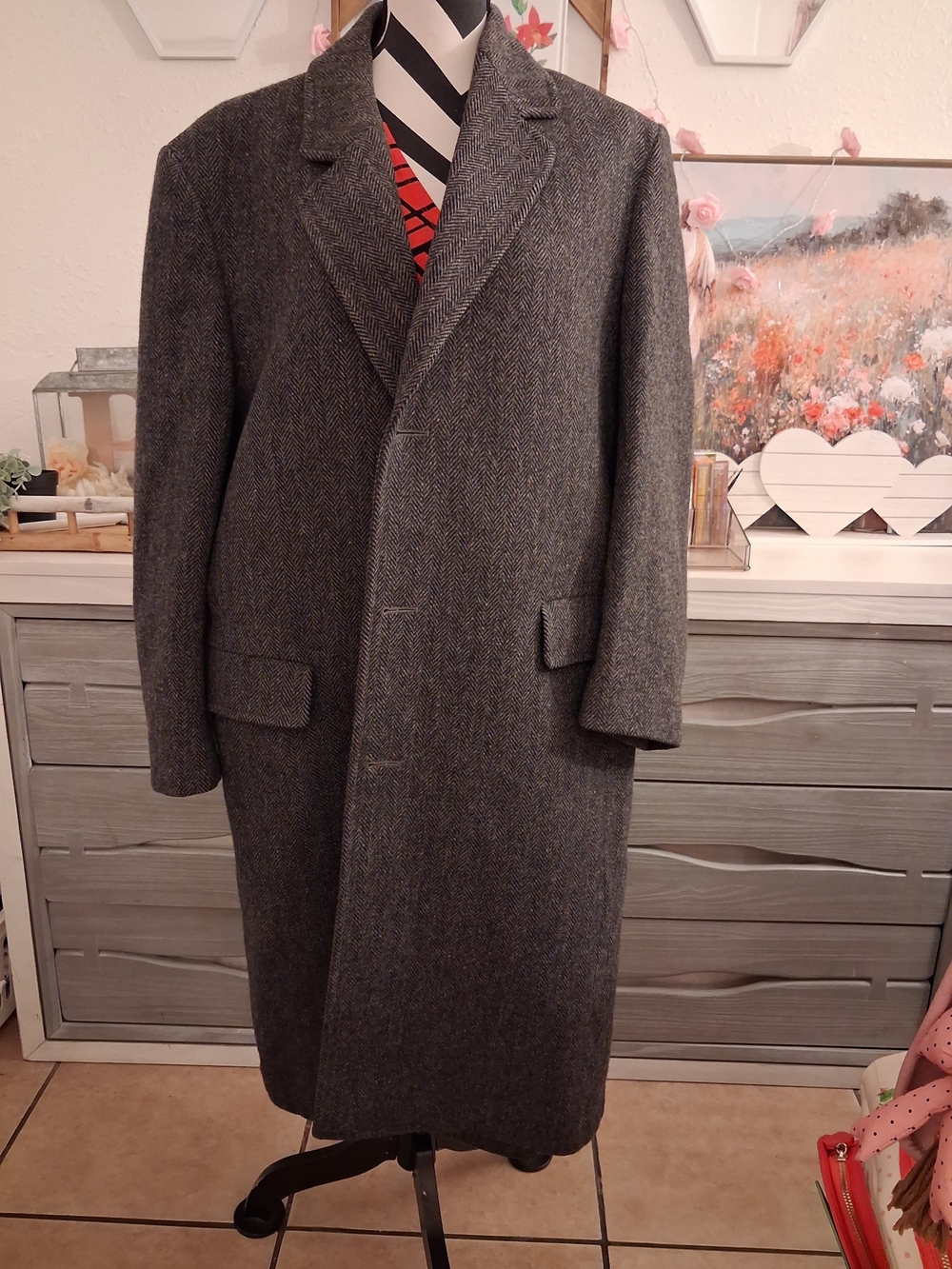 Vintage London Fog Wool Overcoat Gray Herringbone Mens 46R Made In USA ACTWU 80s